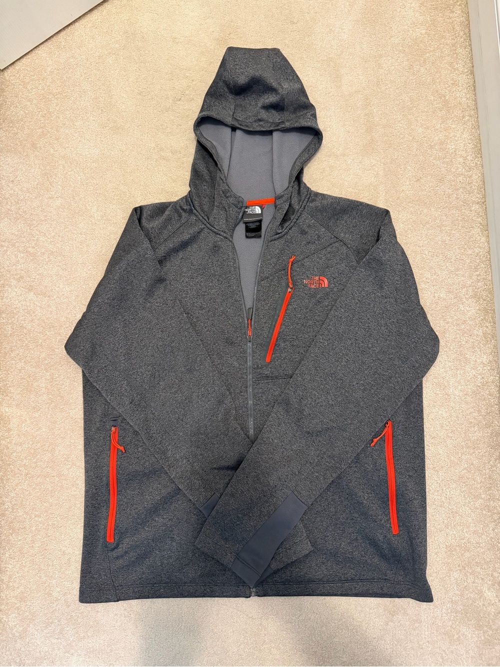 The North Face Men's Charcoal Gray Hoodie Jacket with Red Accents